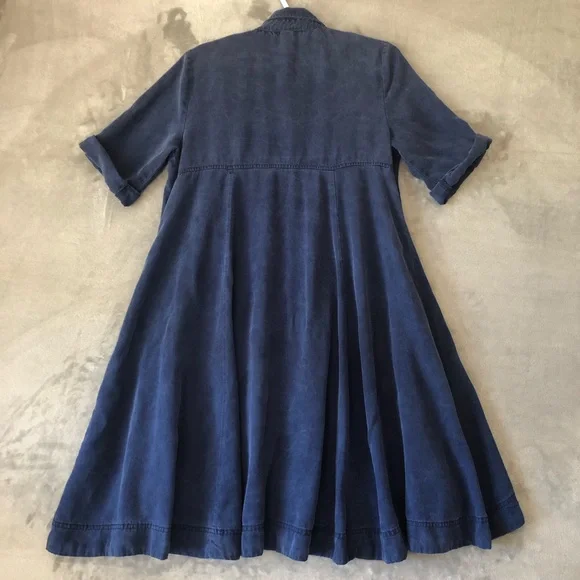 Chelsea & Theodore Flare Midi Dress Size M Tencel Pockets Roll Tab Sleeve Collar - Picture 8 of 12
